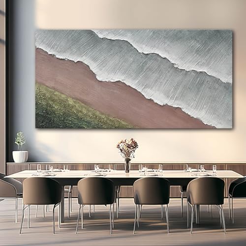 Large Abstract Green and White Canvas Wall Art, 29" x 58" Beach Decor