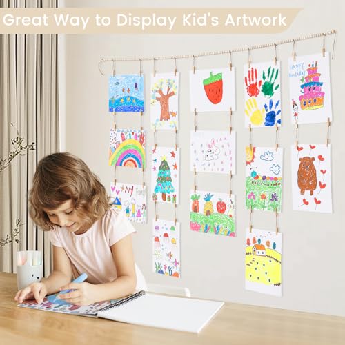 Kids Art Display Wall Hanging, Wood Bead Garland with 34 Clips