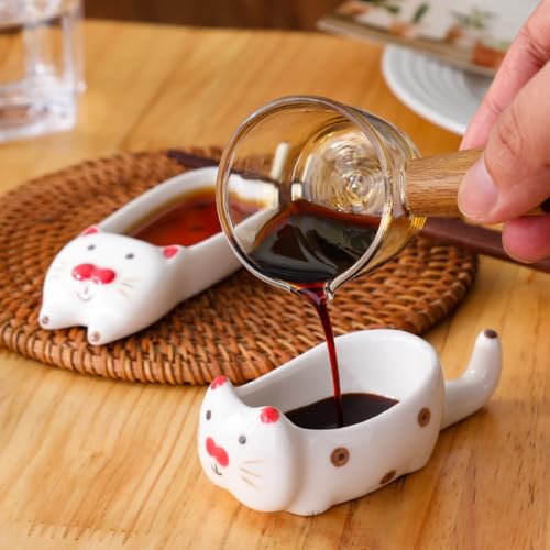 (2 Pieces) Ceramic Cat Dipping Saucer Set - Cute Cartoon Style, Food-Grade, Dishwasher Safe - B