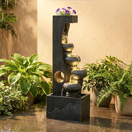 39-Inch 5-Tier Cascading Water Fountain with LED Lights for Garden and Patio