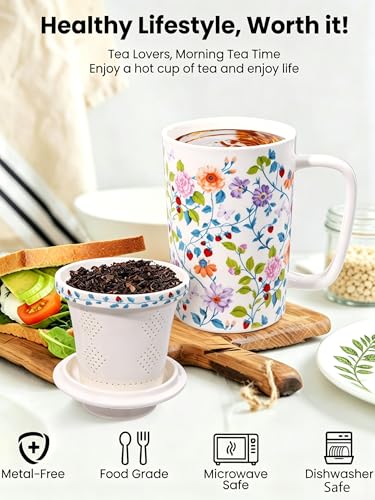 Vibrant Floral Ceramic Tea Mug with Infuser & Lid, 16oz, Perfect for Loose Leaf Tea