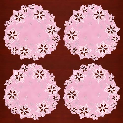 Simhomsen Pink Embroidered Snowflake Doily Placemats Set of 4 15 Inch Christmas Winter Decor