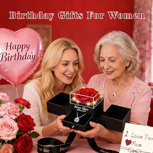 Preserved Real Red Rose Box with Heart I Love You Necklace Gift Set