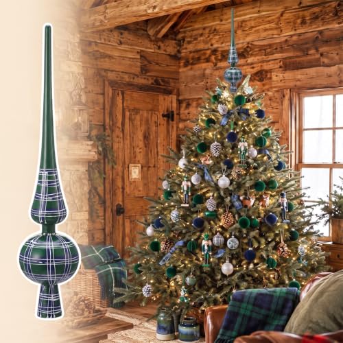 12'' Green Tartan Christmas Tree Topper Double Gourd Finial Ornament - Hand-Painted