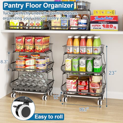 3-Tier Rolling Pantry Storage Cart with Wheels & Slide-Out Tray