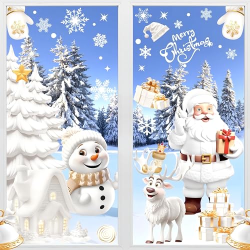 AhfuLife Christmas Window Clings 190PCS Santa & Snowman Reusable 3D Decorations