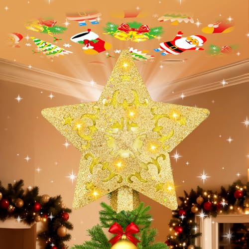 Sparkling Gold Star Christmas Tree Topper with LED Rotating Projector