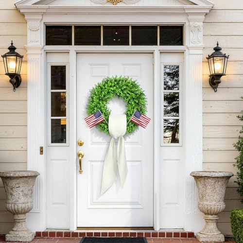 24-Inch UV-Resistant Boxwood Wreath for Front Door with Decorative Sash