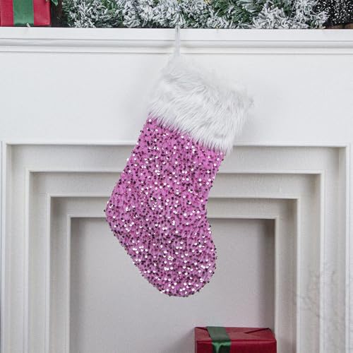 17-Inch Sparkly Sequin Christmas Stocking with Plush Cuff - Hot Pink