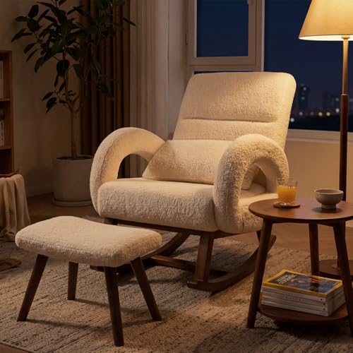 COMHOMA Beige Boucle Nursery Rocking Chair with Ottoman & Lumbar Pillow
