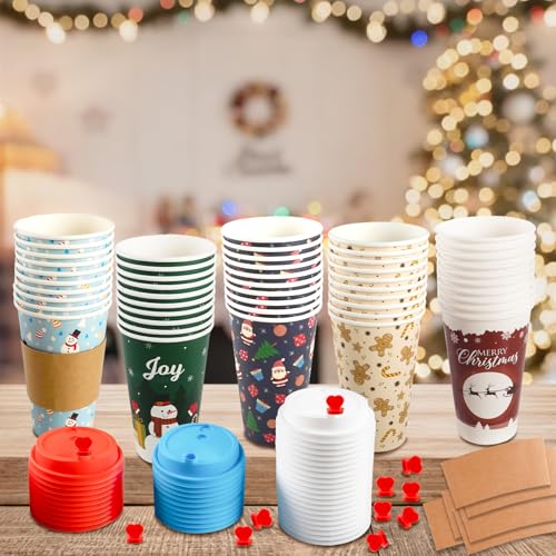 CUPLOOV 16oz 25-Pack Christmas Coffee Cups with Lids & Sleeves - Retro 5-Design Holiday Paper Cups