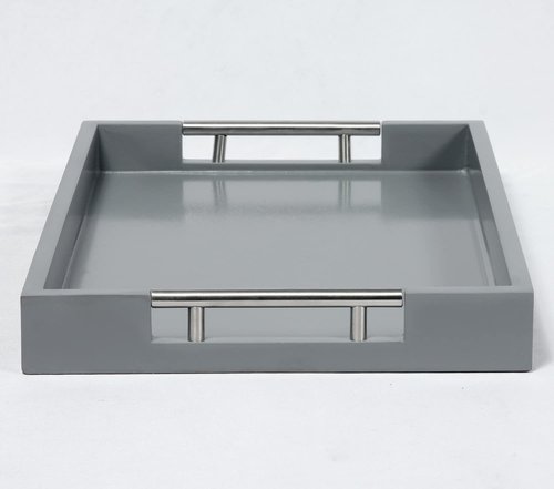 Serving Tray with Polished Metal Handles, 16.5''x12'' Rectangle Coffee Table Tray, Modern Decorative Tray, Large Ottoman Tray, Perfect for Storage and Display (Grey)