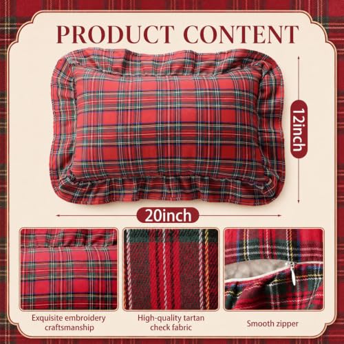 Irenare 2 Pack Christmas Tartan Pillow Covers 20x12in Red Ruffle Plaid Decor