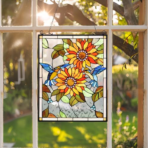 Stained Glass Window Hanging Panel - Sunflowers and Birds Design
