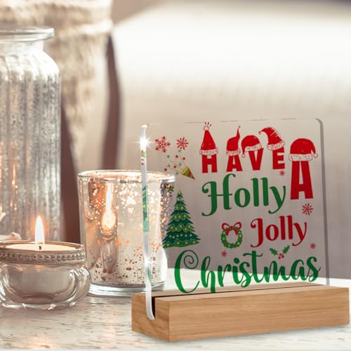 AKFVNSFK Holly Acrylic Desk Sign 4x4 in with Wooden Base – Red & Green Christmas Decor