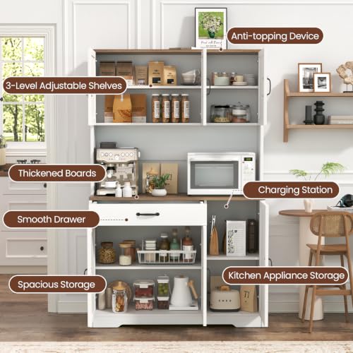 71" Kitchen Pantry Cabinet with Charging Station & Microwave Stand