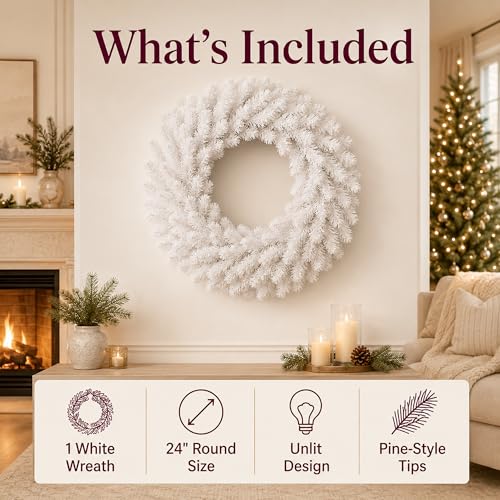 24-Inch White Artificial Christmas Wreath for Front Door and Home Decor