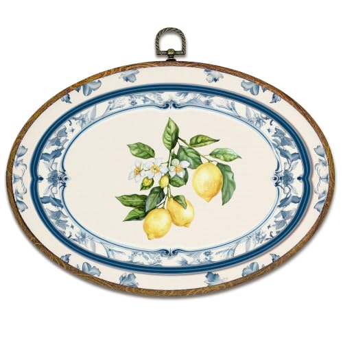 Chinoiserie Lemon Oval Wall Art, Framed Blue and White Floral Canvas Decor