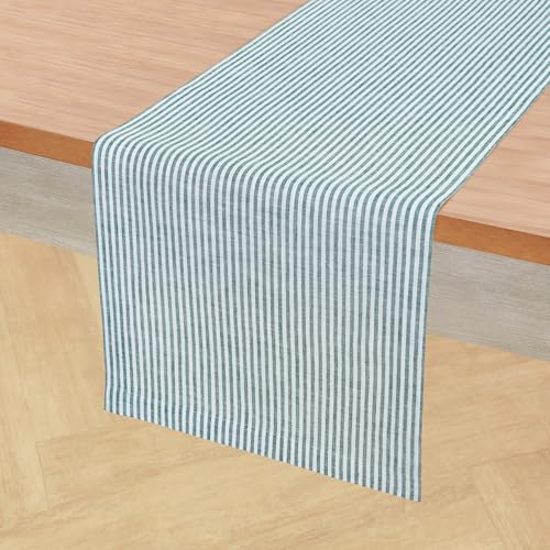 Solino Home Rainforest & White Linen Table Runner 14x90in Narrow Stripe