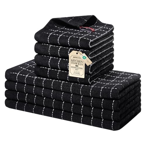 8-Piece Cotton Kitchen Towel and Dishcloth Set, Absorbent Checkered Black