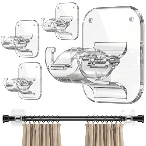 No Drill Curtain Rod Brackets - 4 Pack Adhesive Wall Hooks for Curtains