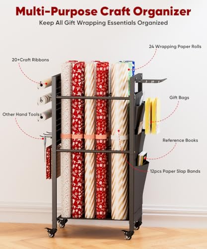 Rolling Wrapping Paper Storage Organizer Cart with Wheels and Bag Holder