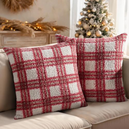 Artmag Christmas Throw Pillow Covers 20x20 Inch Set of 2 Buffalo Plaid Decorative Pillow Covers in White and Red
