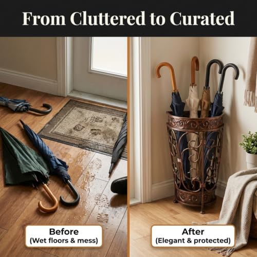 Antique Metal Umbrella Stand with Removable Drip Tray for Entryway