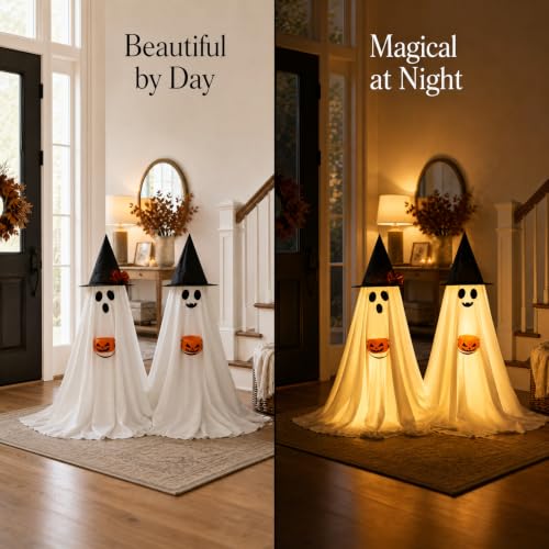 Lighted Halloween Ghosts 2-Pack – 2.95ft Standing Light-Up Decor with Witch Hats