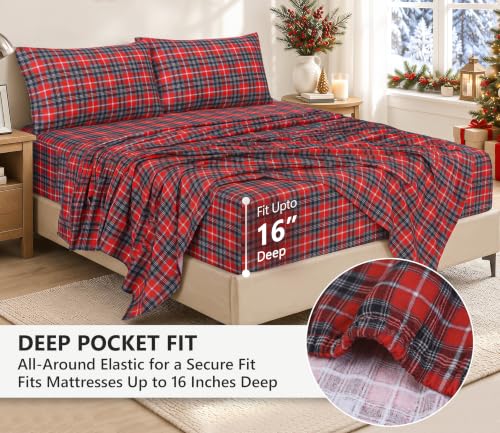 RUVANTI 100% Cotton Flannel Sheets Set Queen 4 PCs Red Plaid