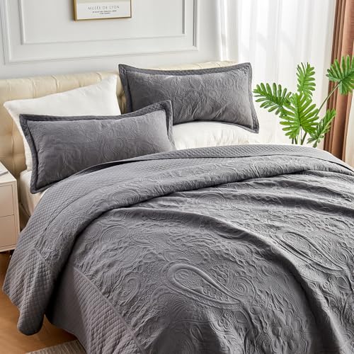 ECHODRM Oversized King Quilt Set 120x118 Dark Grey Floral Microfiber Bedding