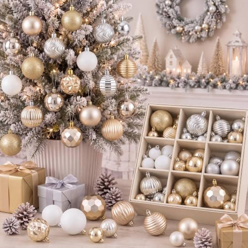 Lunmon 72 Pcs Christmas Ornaments Bulk - Elegant Gold Silver White Decorations
