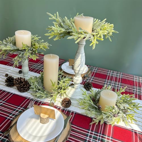 4 Pcs Artificial Frosted Cypress Candle Rings with Pinecones 10-Inch