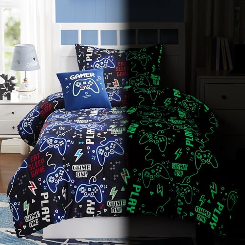 Glow in the Dark Gamer Twin Comforter Set - 3-Piece Kids Bedding Set