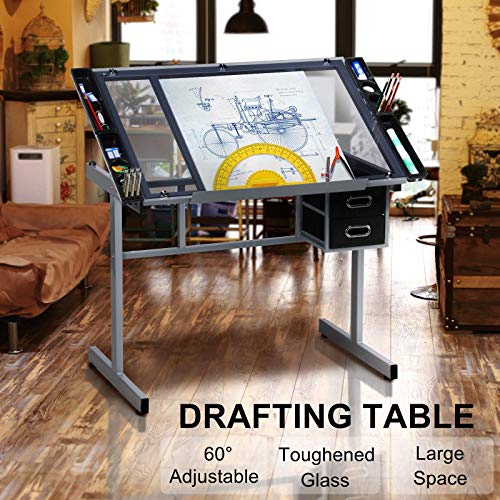 Adjustable Glass Drafting Table with Drawers and Wheels, Art Craft Desk