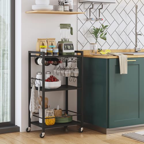 3-Tier Mobile Bar Cart with Wine Rack, Glass Holder, and 6 Hooks