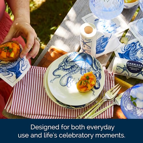 Caskata Coastal Cocktail Napkin Roll of 50, 4.5 x 4.5 Inches, Reusable Cotton, Blue & White, Set of 50