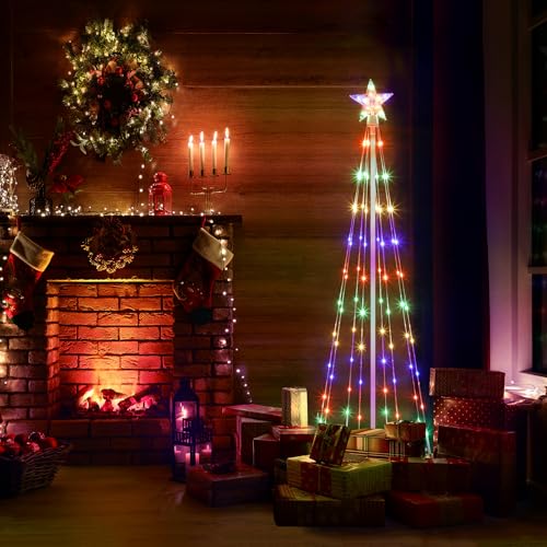PINPON 3 Pack 3FT 4FT 5FT Outdoor Multicolor Cone Christmas Tree Lights with 8 Modes