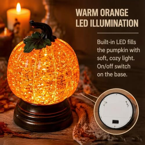 Lighted Pumpkin Snow Globe with LED Glow and Glitter, 6.25-inch