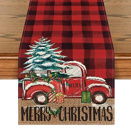 Artoid Mode Christmas Tree Truck Table Runner 13x108 Inch Red & Black Home Decor