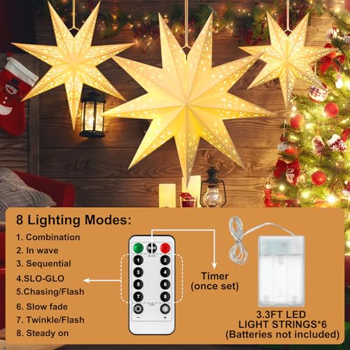 Christmas Paper Star Lanterns Set of 6 - 7 & 9 Pointed Stars with LED Strings - 3 Sizes
