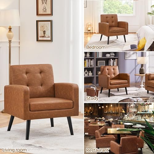 Mid-Century Faux Leather Accent Chairs, Set of 2, Brown Upholstered Armchairs
