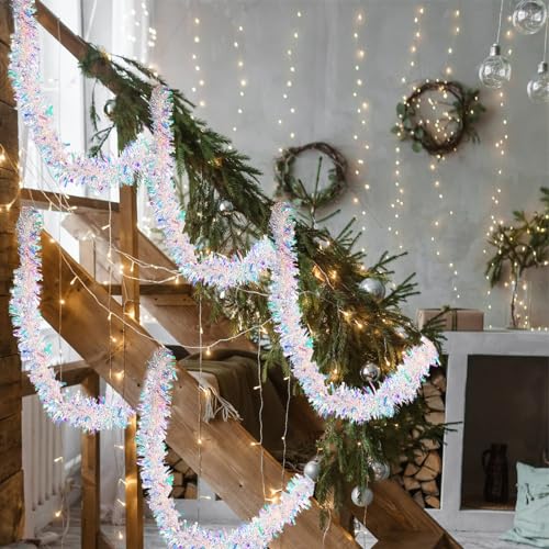 GlyinnHe 33FT Iridescent White Christmas Tinsel Garland for Holiday Decor