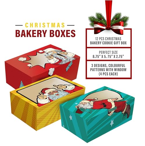 Assorted Colors Christmas Bakery Gift Boxes with Window - 12 Pack