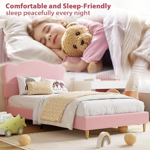 Twin Upholstered Platform Bed Frame with Scallop Headboard, Pink Berber Fleece