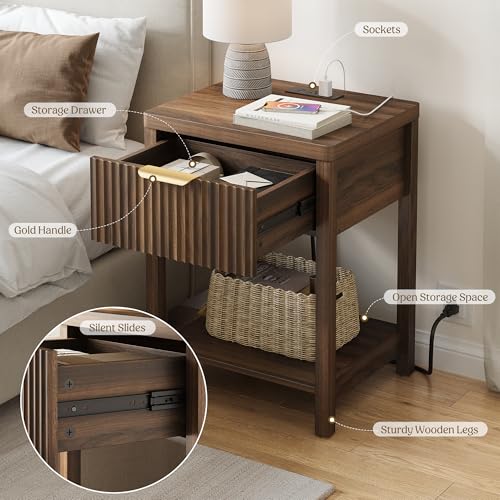 Fluted Wood Nightstand Set of 2 with Charging Station and Storage Drawer