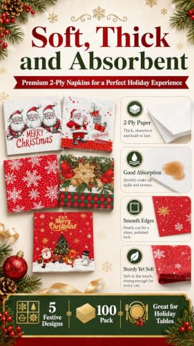 100 Pack Christmas Napkins for Decoupage - 6.5 Inch, 2-Ply Paper Napkins