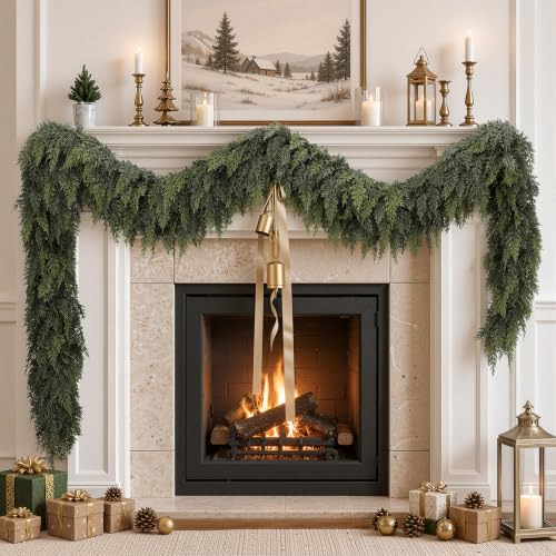 9FT Real Touch Cedar Garland for Christmas Decor, Lush Faux Greenery Mantel Wreath
