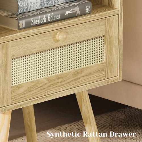 Rattan Nightstands with Charging Station, Set of 2, Boho Bedside Tables