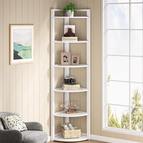 6-Tier Corner Bookshelf, 71-Inch Tall Modern Storage Display Stand (White)